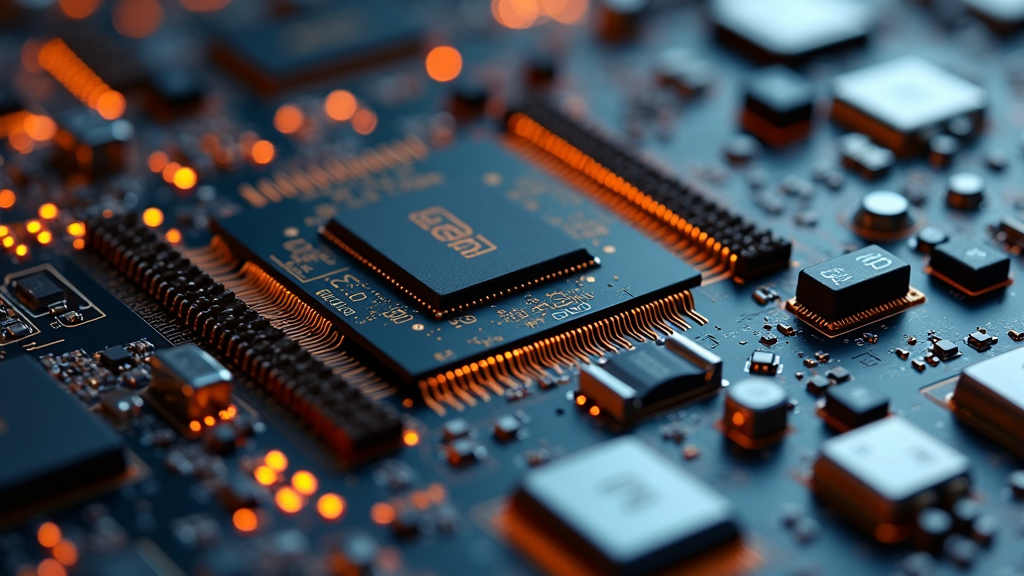 A close-up view of a circuit board with illuminated components, highlighting intricate details and glowing orange lights.