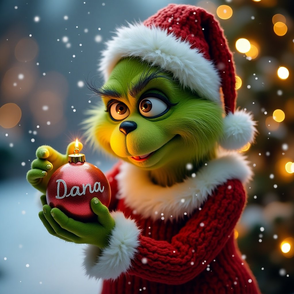 Grinch character in Christmas outfit holding shiny bauble in snowy background with lights and the name Dana on ornament.