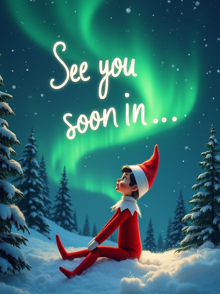 A whimsical scene shows an elf on the shelf. Elf wearing red and white outfit sits in snowy landscape. Elf gazes up at vibrant northern lights. Northern lights appear in shades of green above elf. Words See you soon appear in playful font. Snow-covered trees surround the elf adding wintery atmosphere. Mood evokes magic and anticipation for the holiday season.