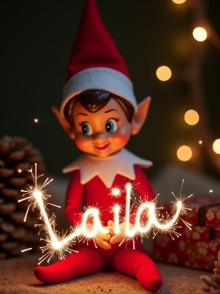 Image features festive elf character in red and white attire. Elf sitting in cozy setting. Elf holding sparkler spelling Laila. Background is dark. Soft light enhances glow of sparkling letters. Scene captures holiday spirit and joy. Elf embodies Christmas tradition and children's excitement.