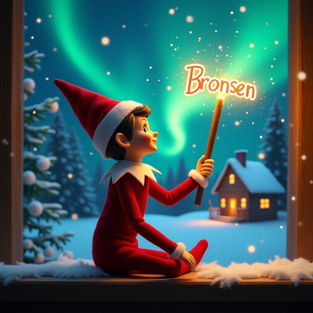 An elf on the shelf sits facing away. The elf gazes skyward with a glowing wand. Colorful northern lights illuminate the scene. A cozy house appears in the background. Snow blankets the ground. The elf embodies the magic of Christmas. The name Bronsen floats from the wand.