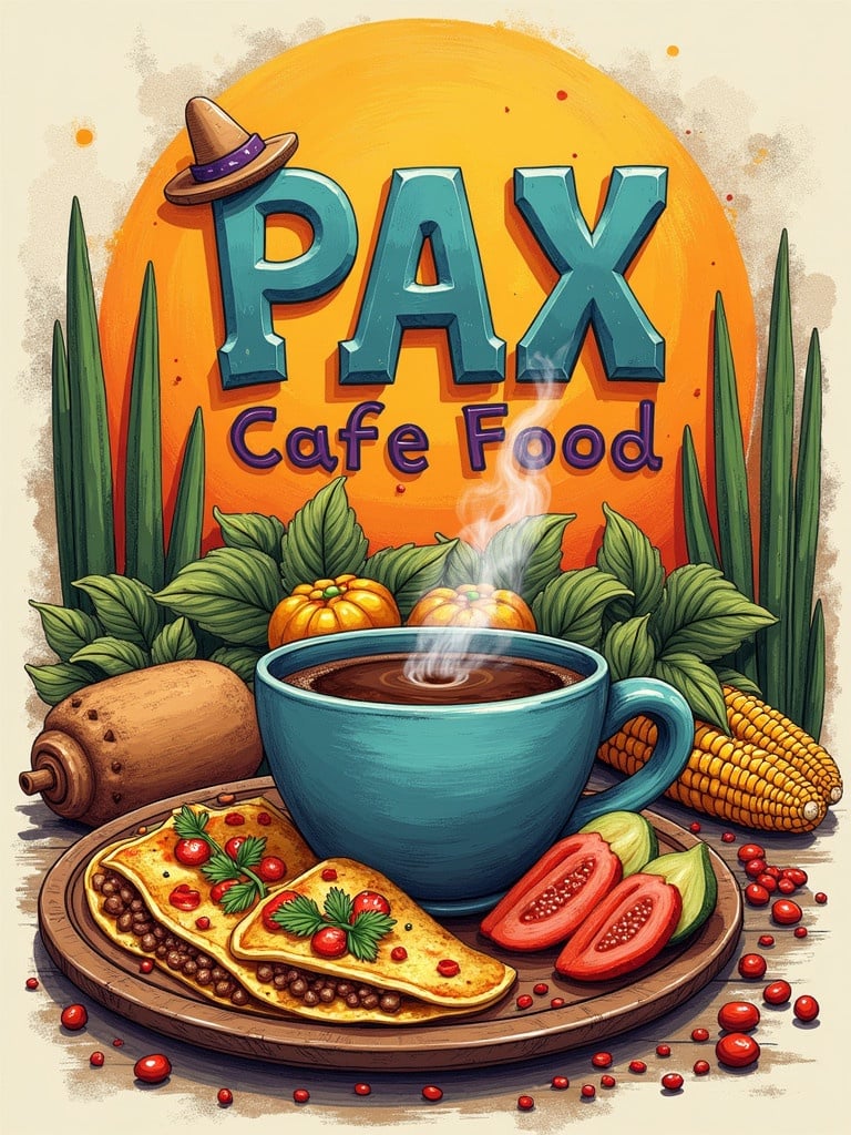 Create an image featuring 'PAX Cafe Food'. Use graphite style text. Incorporate vibrant Mexican colors and depictions of foods like tacos and corn. Include a steaming cup of coffee. Blend rustic and colorful aesthetics of Mexican culture.