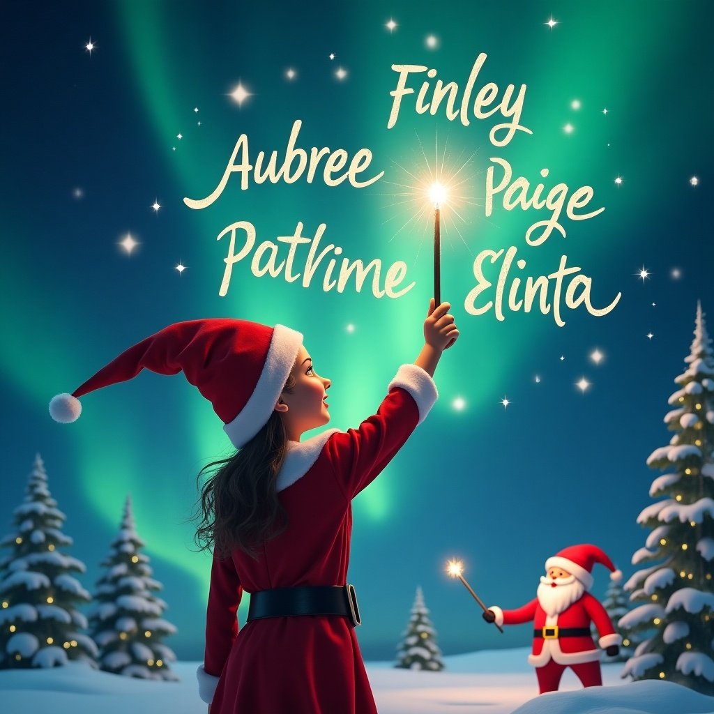 Elf facing magical sky with a wand. Writing names in the air. Background features northern lights and Santa. Names written are Finley, Aubree, Paige, Eliana.