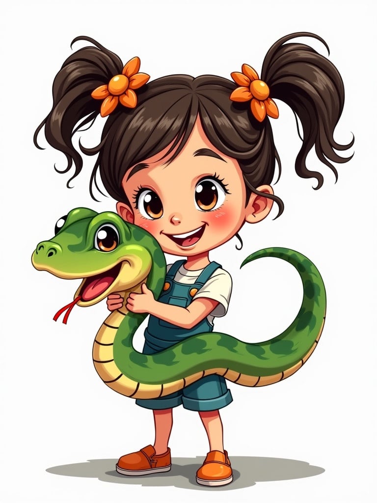 Create a cartoon-style illustration of a girl holding a snake. The art should be humorous with bold outlines and vibrant colors. The girl has pigtails with flower-shaped hair ties. The snake has a comical expression. Background is simple or white to emphasize details.