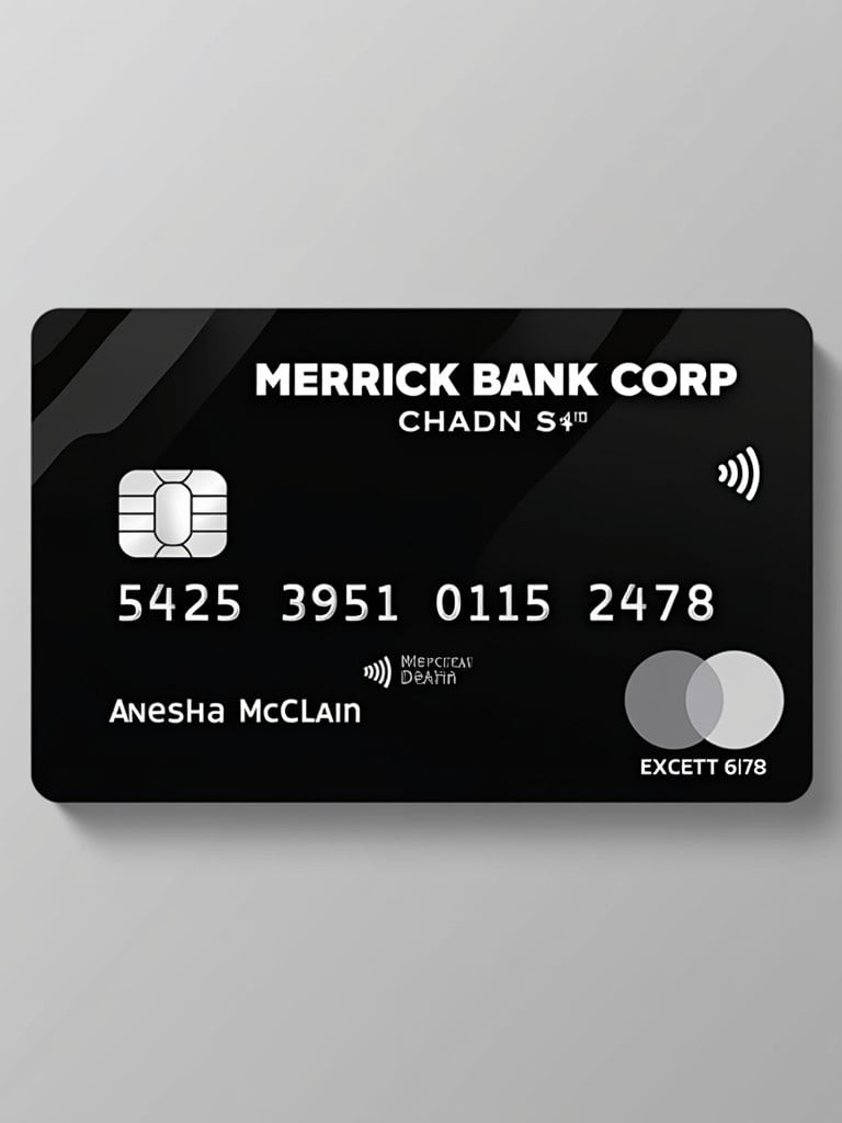 Black realistic virtual Mastercard design. Silver letters feature Merrick Bank Corp. Includes name Anesha McClain. Displays card number 5425 3951 0115 2478. Shows expiration date 06/27.