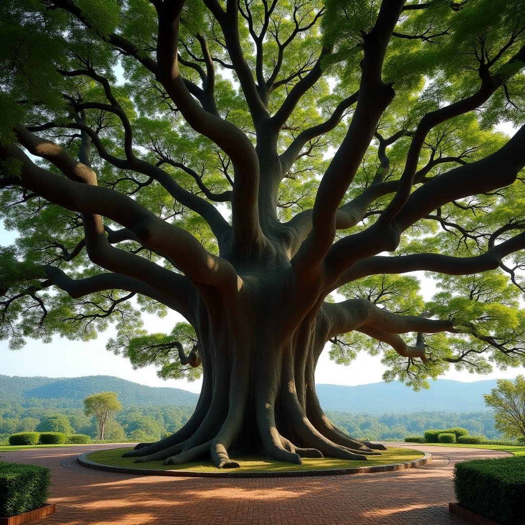 Majestic banyan tree with expansive branches and lush leaves. Setting in a tranquil landscape with rolling hills and bright sky. Strong trunk and intricate root structure prominent.