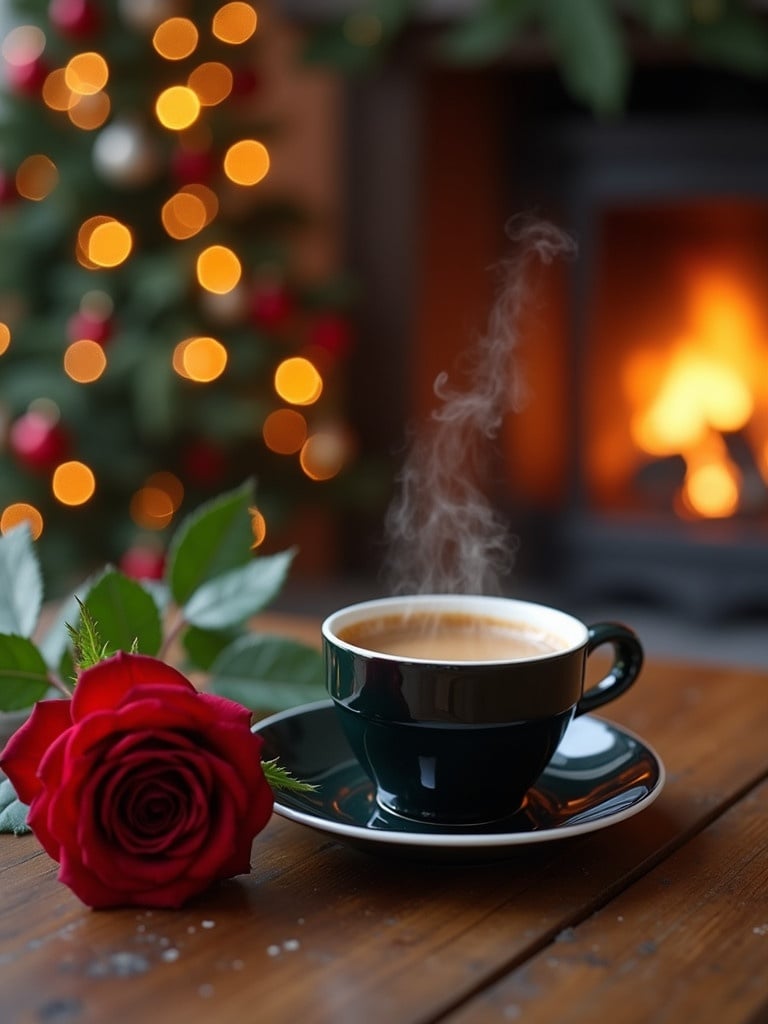 A low angle of a steaming cup of black coffee on a vintage table. A dark red rose lies beside the cup. Blurred background shows a Christmas tree and burning fireplace. Realistic cinematic style.