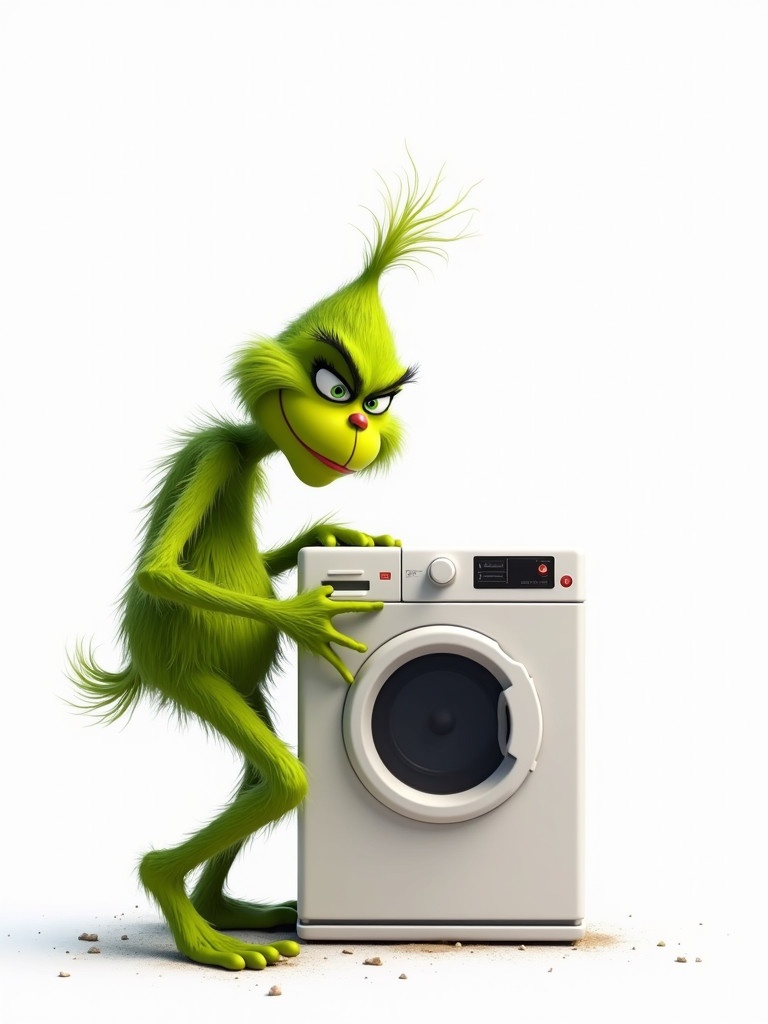 The Grinch is depicted using a toy washer and dryer. Image features a transparent background. Bright and colorful cartoon style.