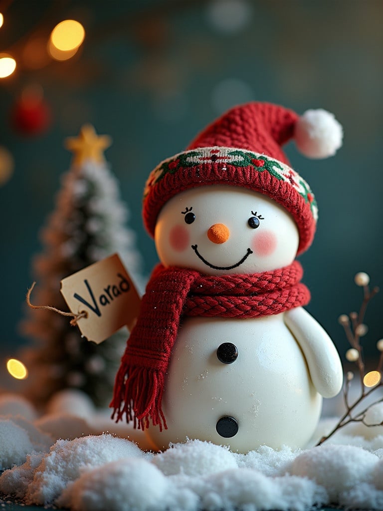 Christmas-themed image with snowman and ornament. Snowman has a red hat and green scarf. Soft lighting and festive atmosphere present.