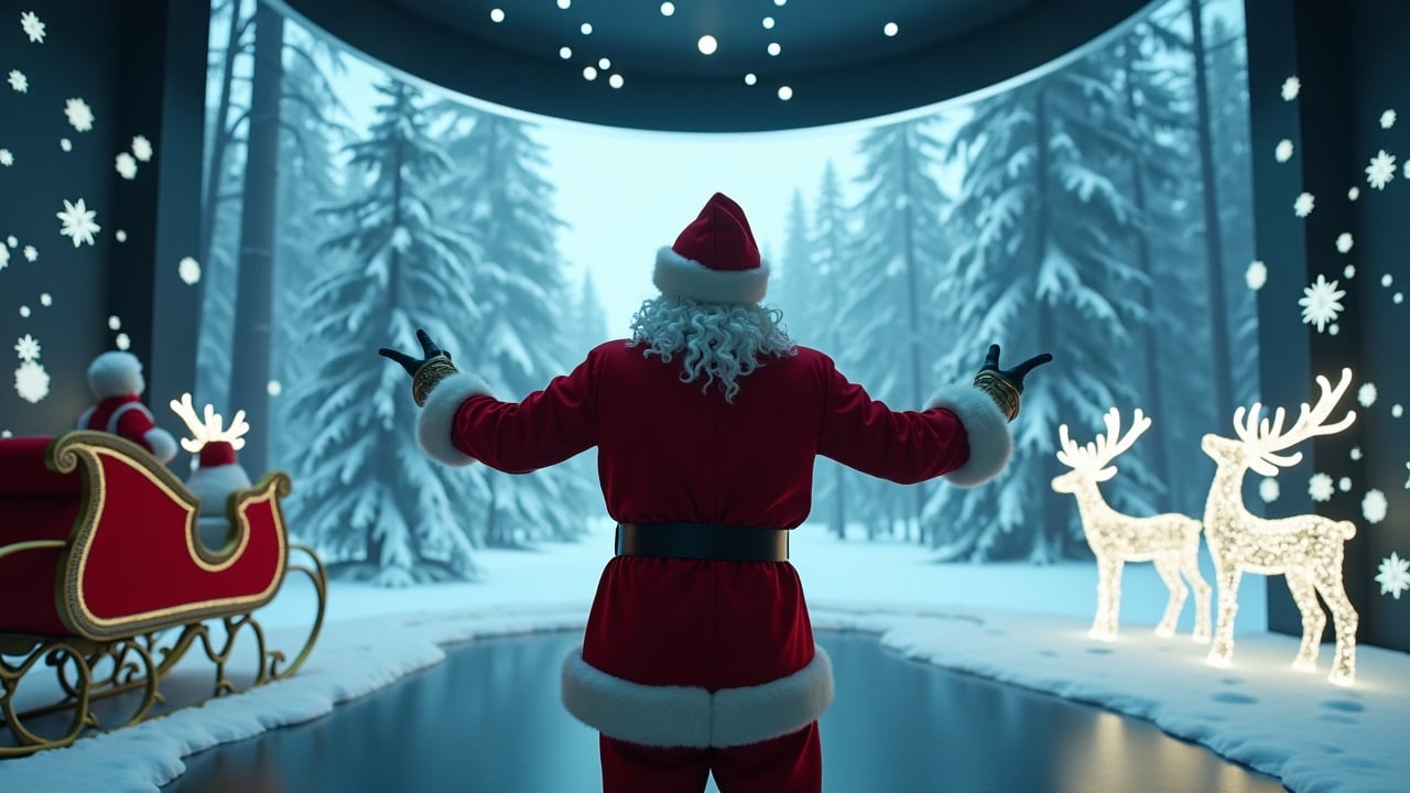 Cinematic image showcases Santa Claus in high-tech room. Santa looks towards the camera with open arms. Holographic designs add modern touch. Openings reveal snowy woods and sky. Sleigh with reindeer parked. Wide shot with Santa surrounded by glowing models.