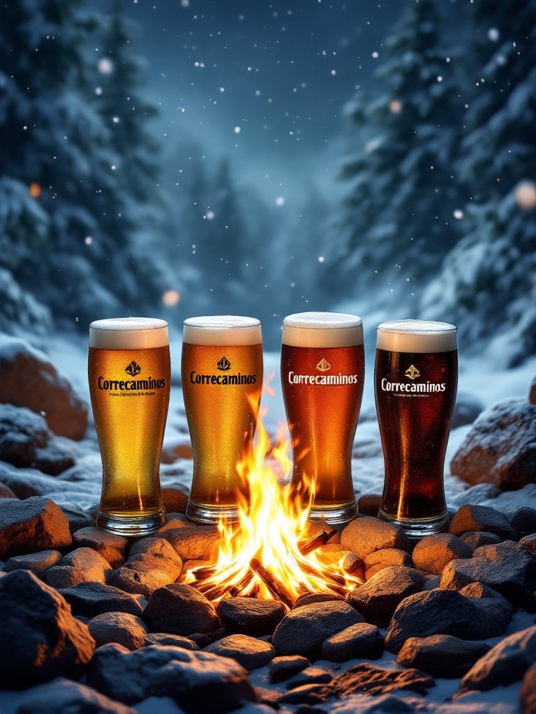 Image features four pints of beer in varying colors signifying different beer styles. One pint displays the word Correcaminos. In front of the beer, a campfire burns within a ring of rocks. The background includes a snowy landscape with snowflakes gently falling.