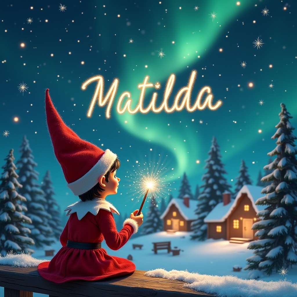 An elf sits on a wooden ledge with its back to the camera, gazing at a magical sky. Dressed in a red outfit with a pointed hat, the elf holds a sparkling wand. With the wand, the elf writes the name 'Matilda' in the starry sky. The scene is painted with a snowy landscape, charming little houses, and evergreen trees under shimmering Northern Lights. This whimsical depiction captures the essence of childhood magic and Christmas cheer. The elf elegantly adds the names 'Natasha' and 'Ada' in the same starry sky, enriching the magical atmosphere.