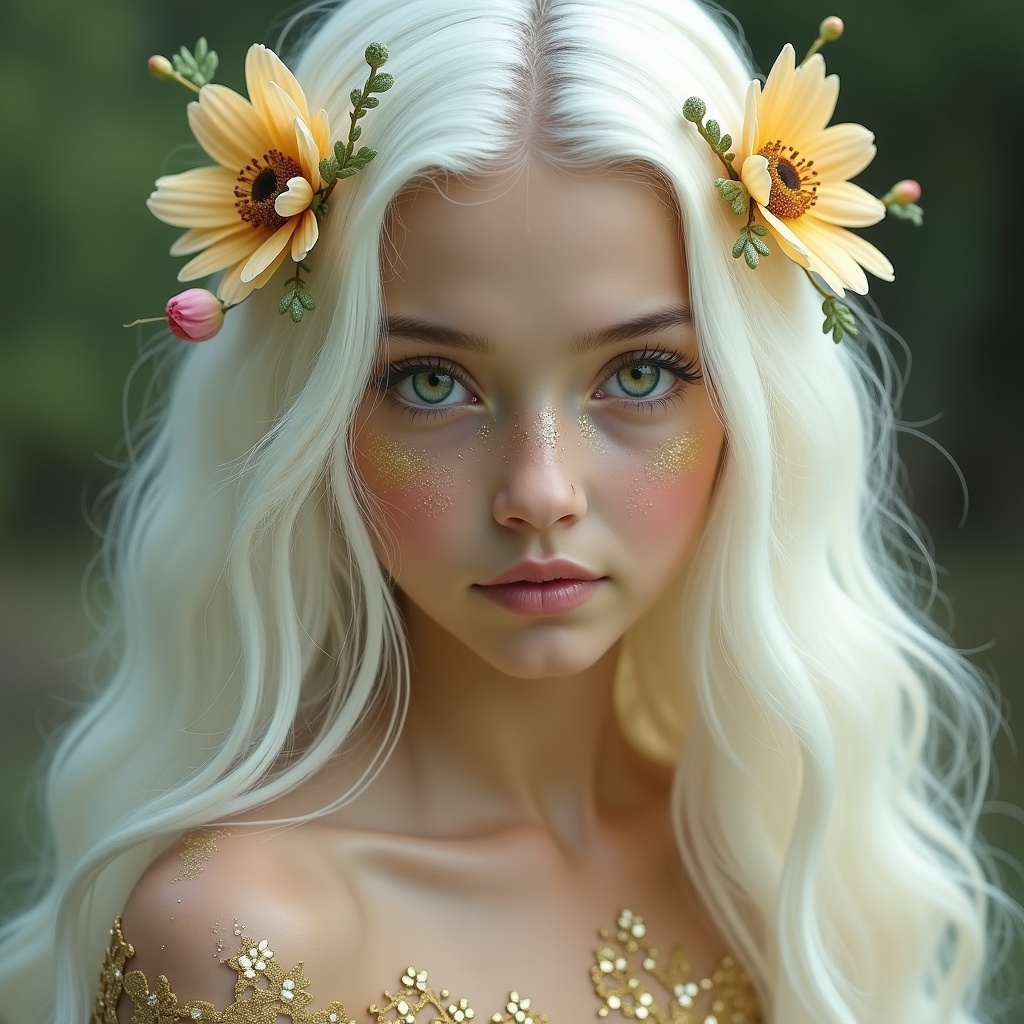 Portrait of a young woman with white hair and golden flowers. Her eyes have a mix of green and gold. She has glitter on her cheeks. Softly blurred background creates a dreamy effect. Elegant dress with floral patterns. Overall whimsical fairy-like vibe.