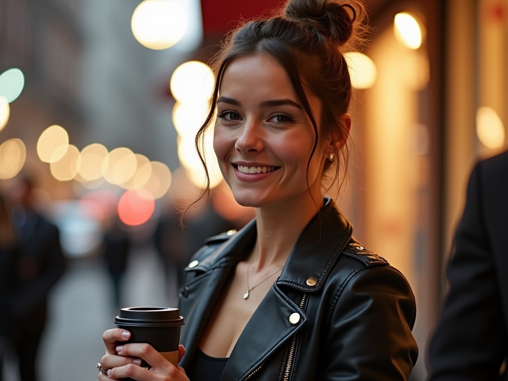 a woman in a leather jacket holding a coffee cup with city lights blurred in the background, smiling