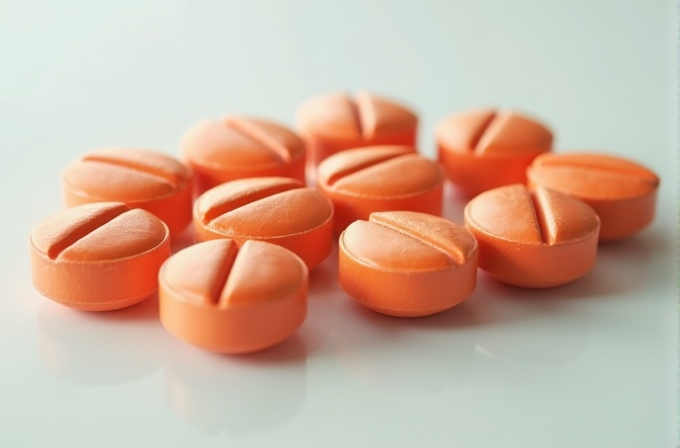 Orange pills with a scored line, arranged on a glossy surface.