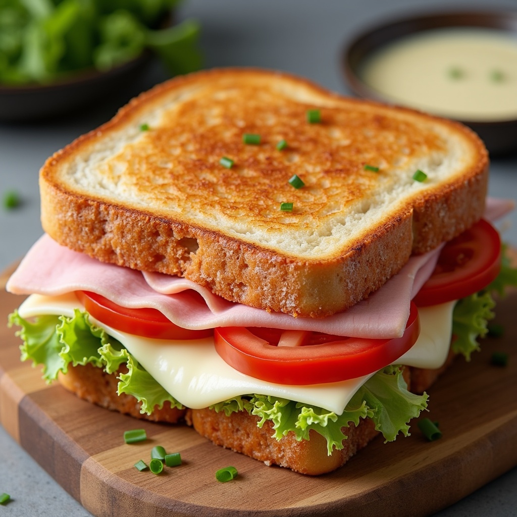 The image features a delicious ham and white cheese toast sandwich, layered with fresh iceberg lettuce and slices of ripe tomato. It's perfectly toasted, giving it a golden brown crust. The sandwich is placed on a wooden cutting board, providing a rustic feel. In the background, there's a dipping sauce and garnishes of green herbs. The vibrant colors of the ingredients make it look appetizing and inviting, ideal for lunch or a snack.