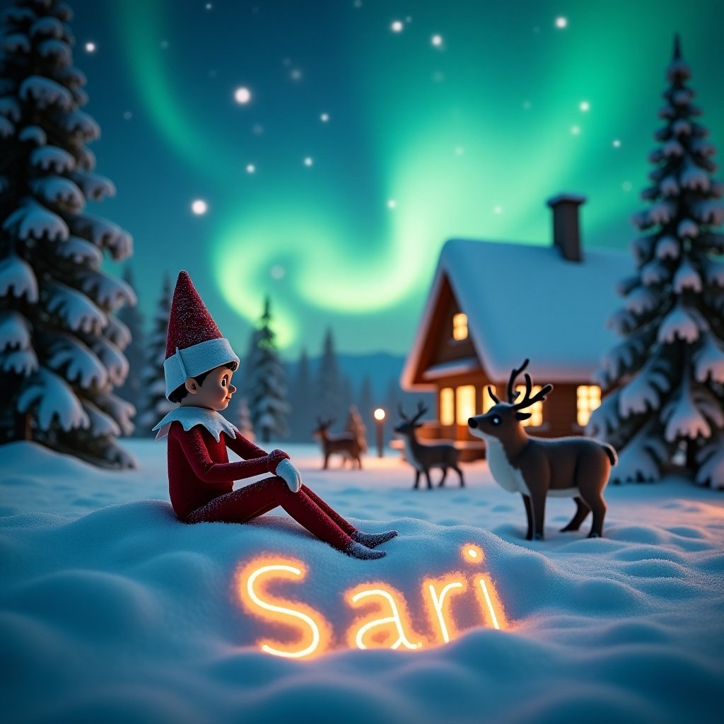 An enchanting Christmas scene shows an elf on the shelf sitting in the snow under vibrant northern lights. Two reindeer are nearby, enhancing the festive mood. The name 'Sári' is elegantly written in the snow. A warm illuminated Santa's cottage can be seen in the background. The atmosphere captures the essence of the holiday season, evoking joy and wonder.