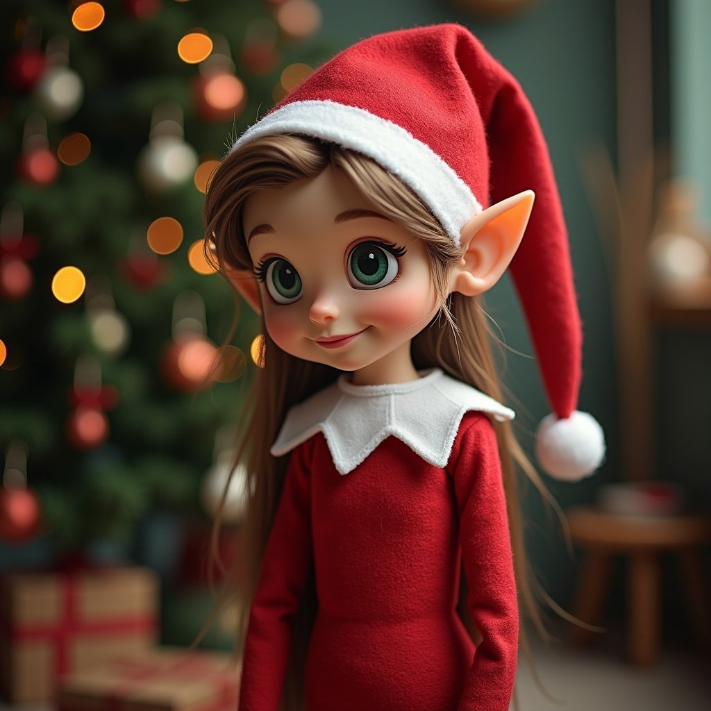 Christmas elf character wearing red outfit and hat. Background features subtle holiday decor. The character has a cheerful demeanor and large ears.