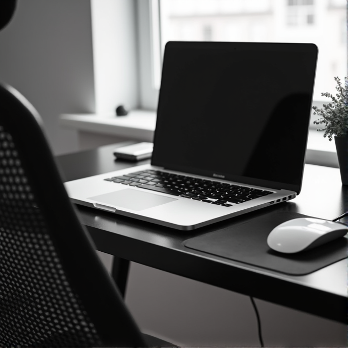 A sleek laptop on a modern desk accompanied by a mouse and a small plant.