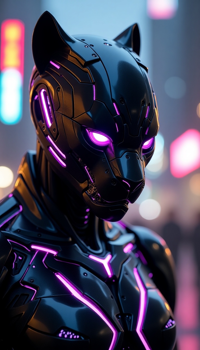 This image features a highly detailed robot head inspired by a black panther. It showcases sharp, sleek contours and a fierce expression. The design includes glowing purple accents in the eyes and along the sides. A crown-like detail surrounds the neck, resembling a black panther's costume. Long, sharp nails extend from the fingers with purple highlights, set against a high-tech urban night backdrop. The highly realistic style employs cinematic lighting and ray-traced reflections, enhancing its dramatic presence.