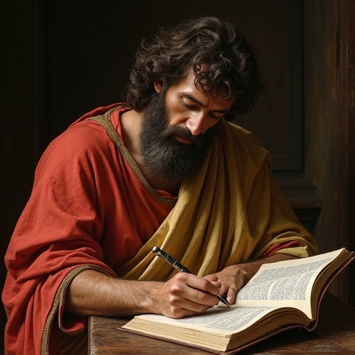 Photo realistic image of a biblical figure writing on parchment in a historical setting. The individual is deeply focused on the work, dressed in traditional garments and surrounded by an ambiance reflecting antiquity.