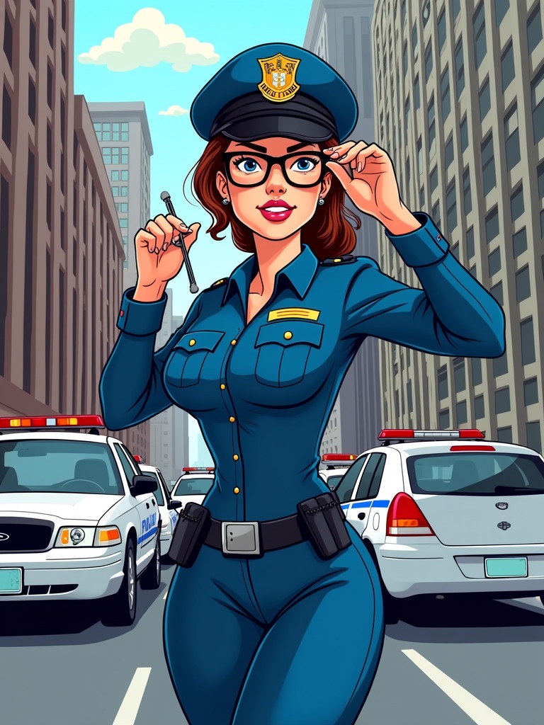 Stylized cartoon of a police officer in a fitted blue uniform standing confidently in a city street. She wears a police cap and holds handcuffs in one hand while adjusting her glasses with the other. Police cars are lined up behind her, and tall buildings dominate the background. The art style is colorful and reminiscent of comic books.