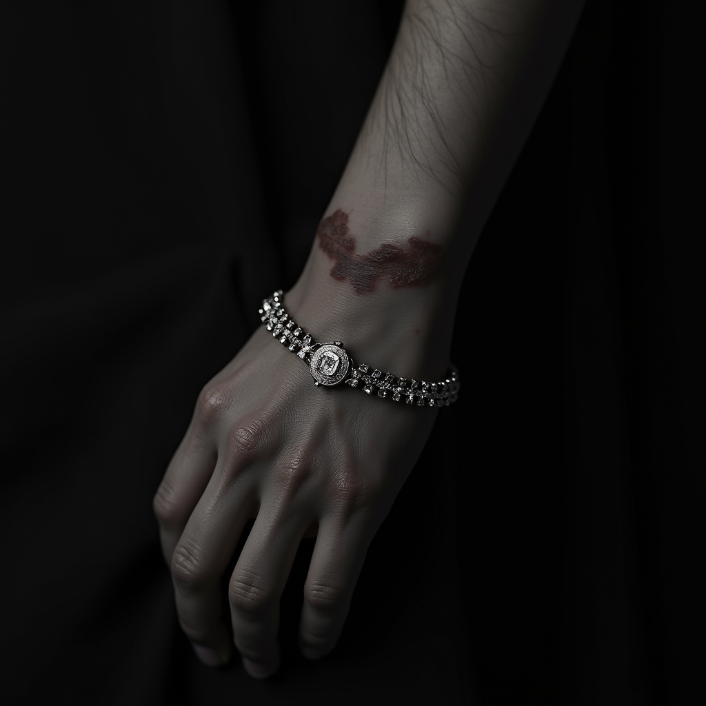 A hand wearing a luxurious diamond bracelet, set against a dark background, with a mysterious mark on the wrist.