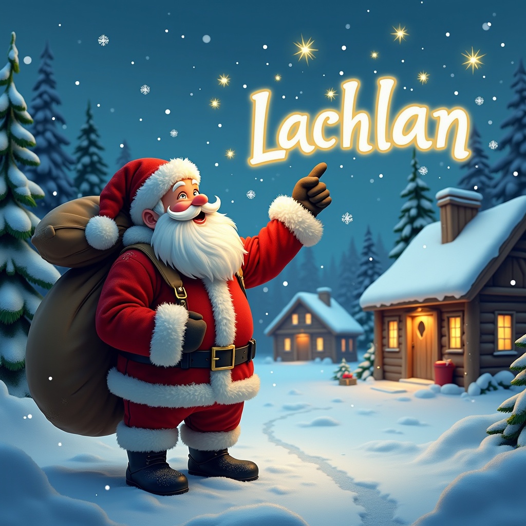 In this enchanting winter scene, Santa Claus stands joyfully in a snowy village. He is dressed in his iconic red suit, complete with a fluffy white beard and a large sack over his shoulder. Santa is pointing up at the sky, where he magically writes the name 'Lachlan' with glowing light. Snowflakes gently fall around him, adding to the festive atmosphere. In the background, charming wooden houses with warm lights are surrounded by evergreen trees. This scene embodies the wonder of the holiday season, inviting feelings of happiness and nostalgia.