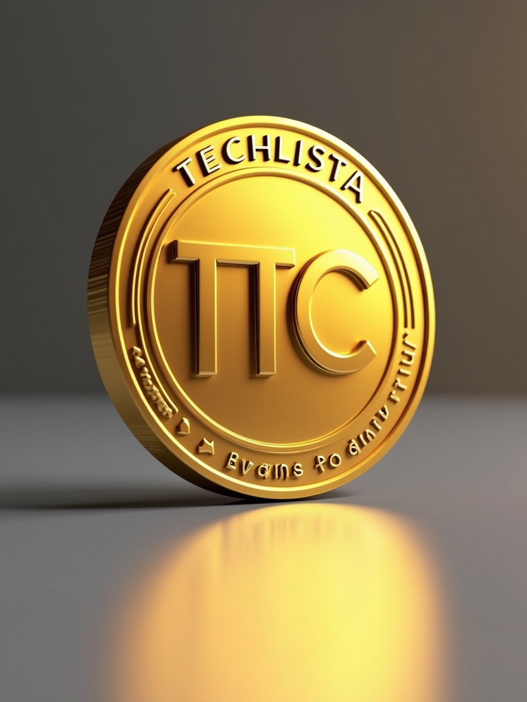 Gold coin stands upright on smooth surface. Coin has large 'TTC' symbol. Inscription reads 'TECHLISTA TCOIN - Rewards Points'. Coin reflects soft light.