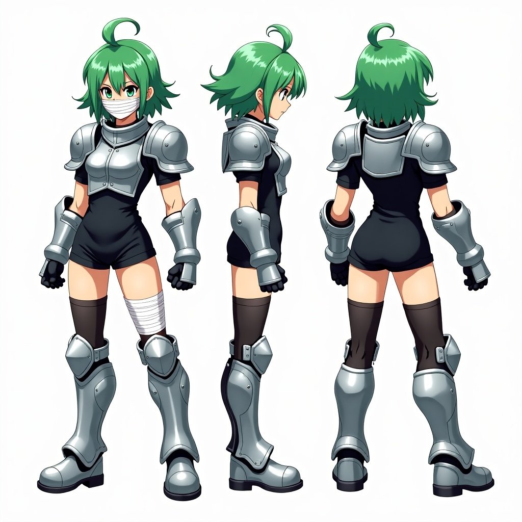 Anime mercenary tomboy character with green hair wearing silver armor. Presented in front, side, and back views. Bandaged face mask, black shirt under armor, adorned with metal shoulder pads and gauntlets.