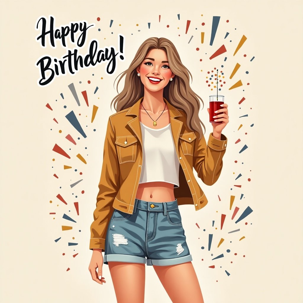 Illustration of a woman celebrating her birthday. The woman wears a stylish outfit fashionable jacket shorts. She holds a drink. The background features festive elements like decorations and a 'Happy Birthday' text. The overall tone feels joyful.