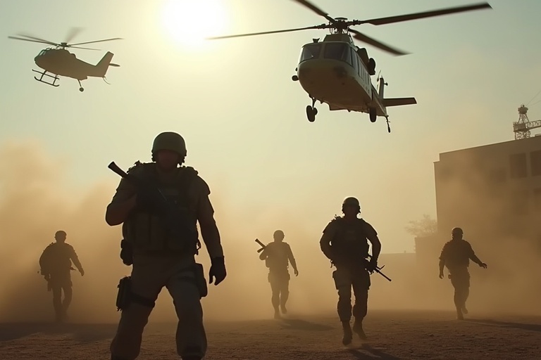 Dramatic military operation scene. Soldiers are strategically positioned. Helicopters hover above creating an intense atmosphere. Dust clouds add to the urgency. Clear demonstration of tactical approach.