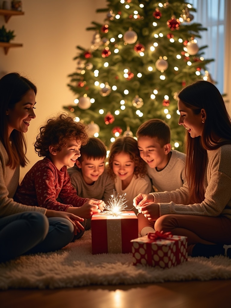 Family gathers around a Christmas tree. They are sitting on a rug. Smiling and exchanging gifts. The room is warm and inviting. Christmas lights illuminate the tree. Gifts surround them. The scene shows happiness and togetherness during the holiday season. They create cherished memories together.