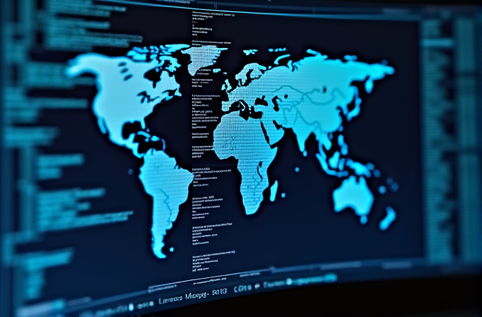 A digital map of the world overlaid with programming code on a futuristic screen.