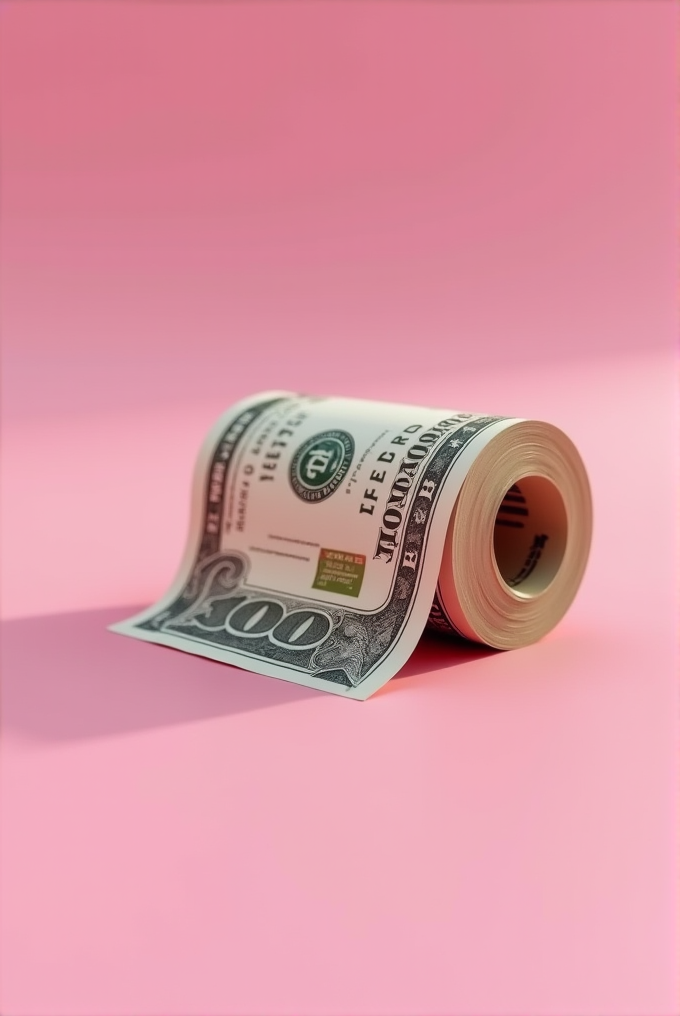 A roll of United States hundred-dollar bills is placed against a soft pink background.