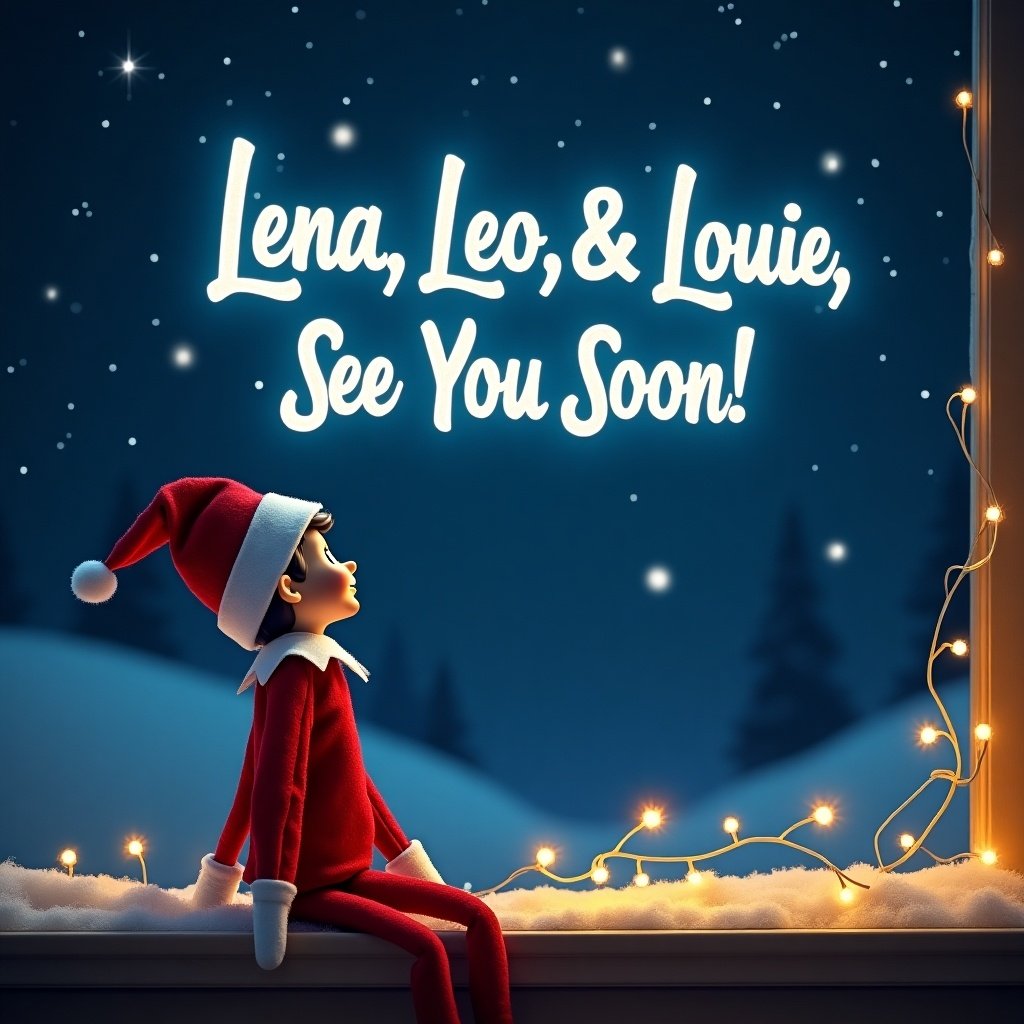 This image depicts a charming Christmas scene featuring an elf on the shelf gazing out of a window at a starry night sky. The elf wears a classic red outfit and sits on a bed of snow, with twinkling lights lining the window. Above the elf, glowing text reads, 'Lena, Leo, & Louie, See You Soon!' conveying a warm, festive message. The atmosphere is cozy and inviting, embodying the magic of childhood during the holiday season. This enchanting scene captures the essence of anticipation for the holiday festivities.