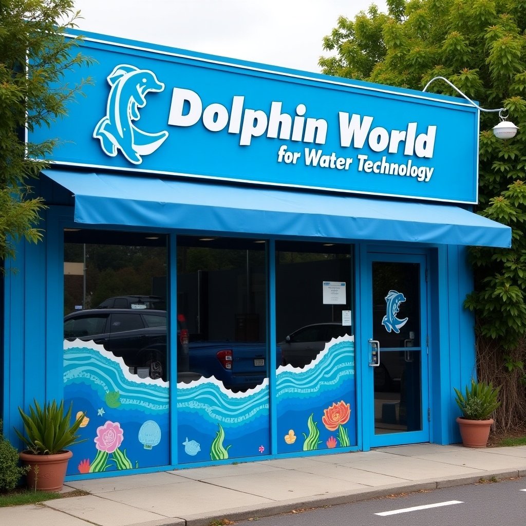 A blue themed storefront for a swimming pool company. Company name is Dolphin World for Water Technology. Signage is clearly visible with artistic elements. The store features large windows and a welcoming appearance.