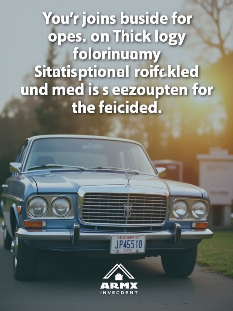 Image of a classic car parked outdoors. Text overlaid speaks about vehicle insurance benefits and features.