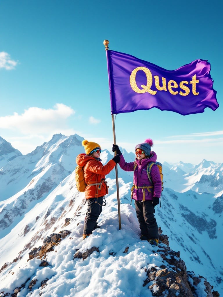 Two young climbers on Mount Everest. One boy and one girl holding a flagpole with the word 'Quest'. They wear bright climbing gear. Snowy summit and blue sky in background. Their expressions show joy and excitement.