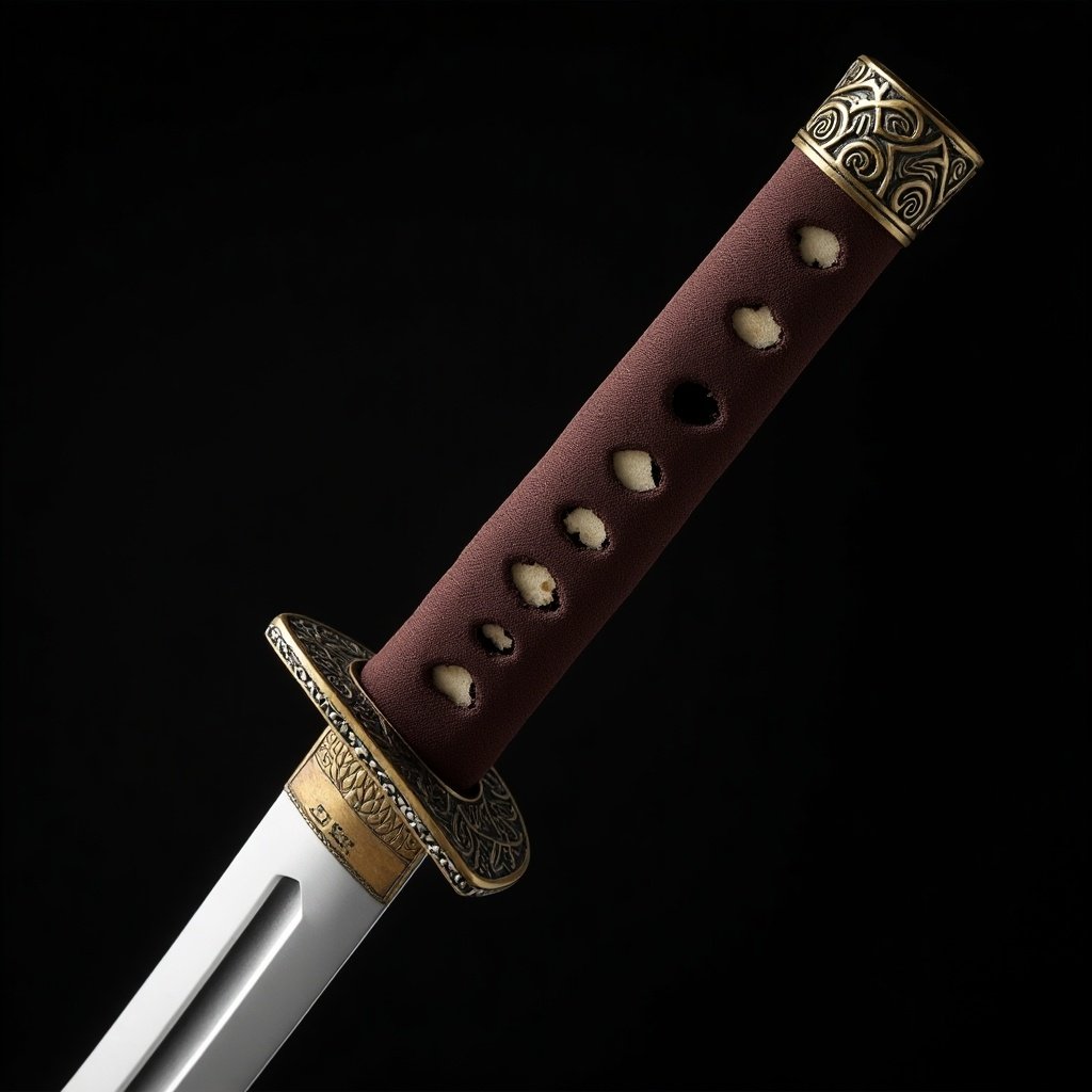 Close-up of a katana showcasing intricate ornamentation on the guard and hilt with a sleek blade and rich colors.