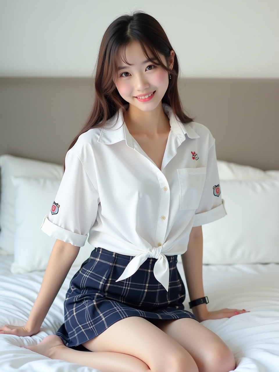 The image portrays a young woman sitting gracefully on a bed, exuding a sense of calm and charm. She wears a white blouse with a tied front and a dark plaid skirt. The soft lighting and neutral background accentuate her relaxed and cheerful demeanor.