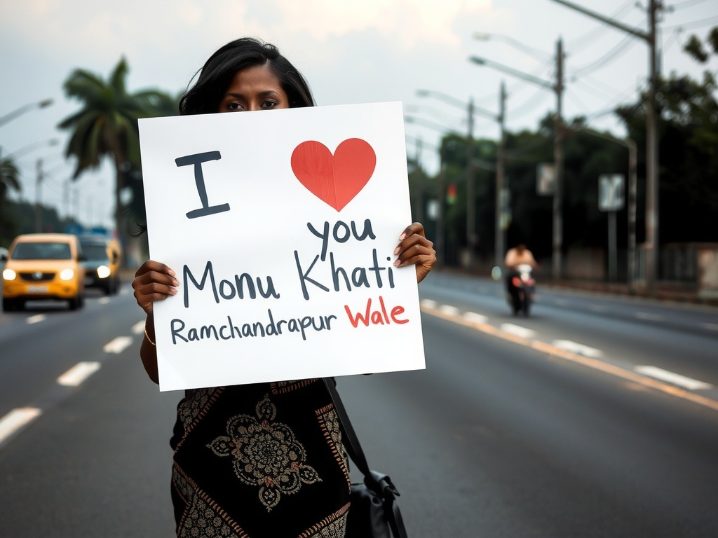 A person is standing in the middle of a road holding a sign expressing love for Monu Khati.