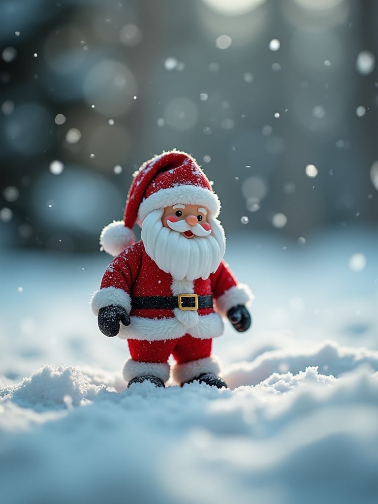 A close-up photo of a little Santa Claus figurine standing in soft snow. Gentle snowflakes fall around him. The scene features a realistic film effect with a dreamy quality. Colorful yet simple composition centered on the Santa figure with a snowy background.