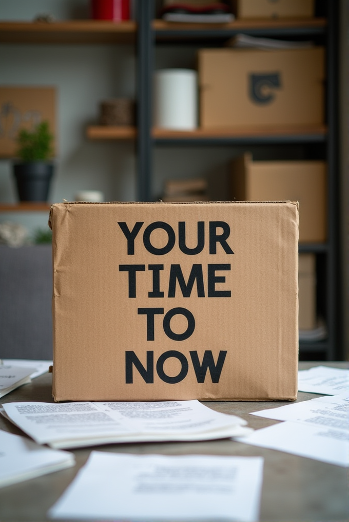 A cardboard box with 'YOUR TIME TO NOW' printed in bold black letters sits prominently among scattered documents and in front of a shelf filled with various storage boxes and items.