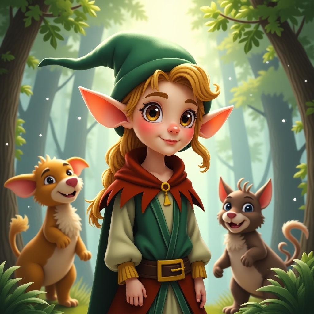 Cartoon elf character in a forest with two friendly animals. The elf has pointy ears and a green hat. The setting is magical and whimsical with trees around.