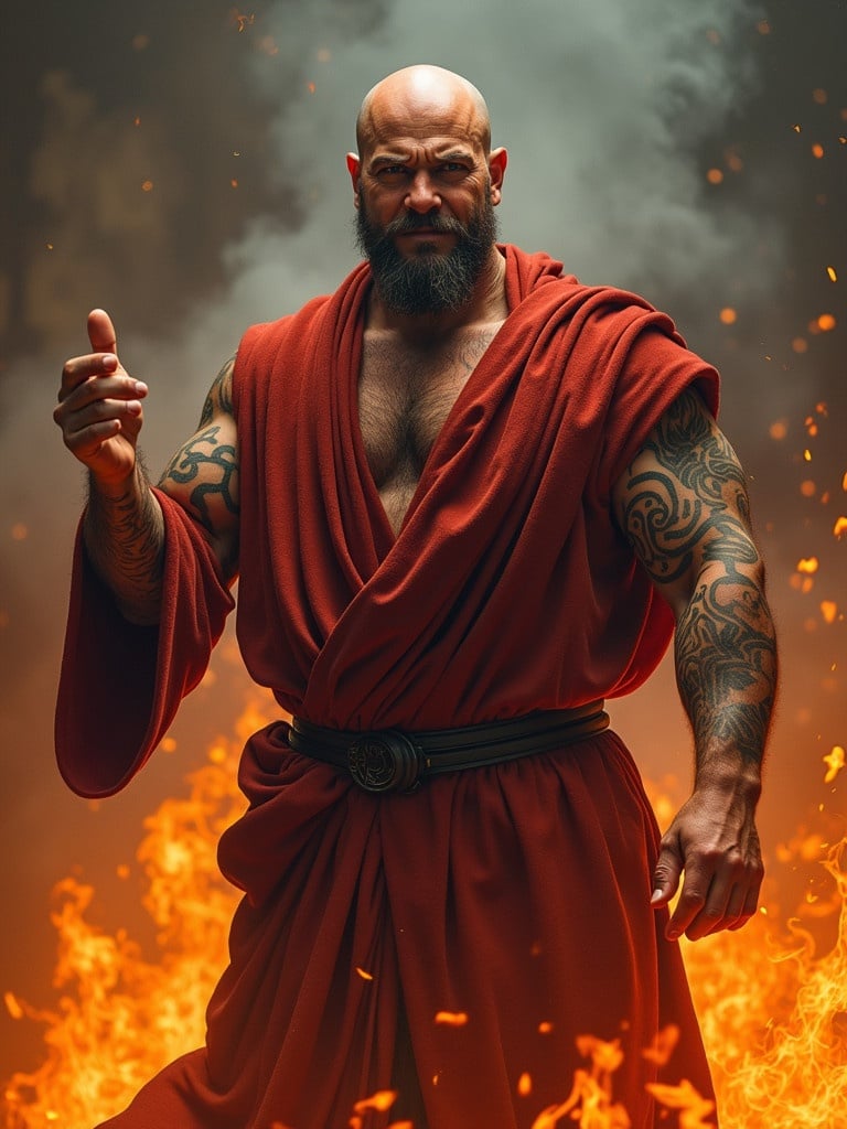 A robust man with a shaved head and tattoos gestures emphatically. He is dressed in a traditional robe standing amidst swirling embers and smoke. The fiery background enhances his commanding presence suggesting mysticism and power.