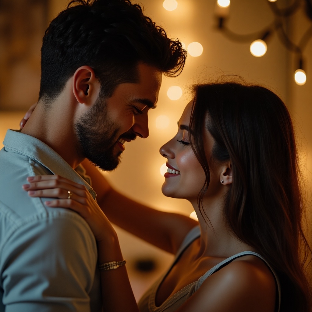 A couple shares a tender moment. The man touches the woman's upper shoulder gently.