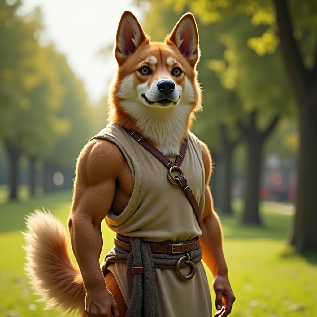 Fascinating hybrid of loyal dog and human traits. Humanoid body with muscular structure. Canine features like fur, wagging tail, and dog ears. Blend of human intelligence and dog's friendly characteristics. Simple clothing like tunic. Vibrant park setting with nature.