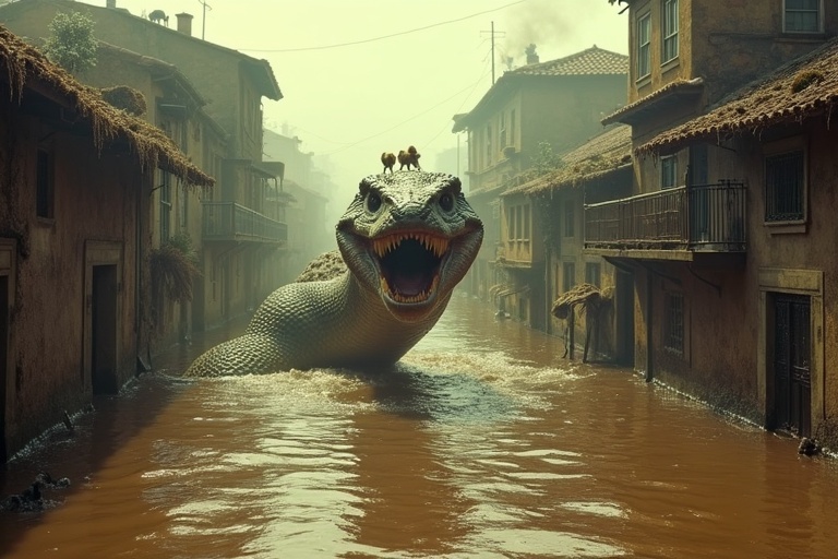 A cinematic landscape shows flooded streets filled with murky water. A giant snake with rough skin and sharp teeth glides through the water. Rivulets of water cascade from buildings. Animals panic on rooftops, their wide eyes fixed on the snake. The scene features warm muted tones and deep shadows. Lighting is dramatic with shafts of light piercing gloom. The snake and foreground are in sharp focus. Background is blurred into a soft bokeh. The aesthetic is reminiscent of Kodak Porta 400 film with grain.