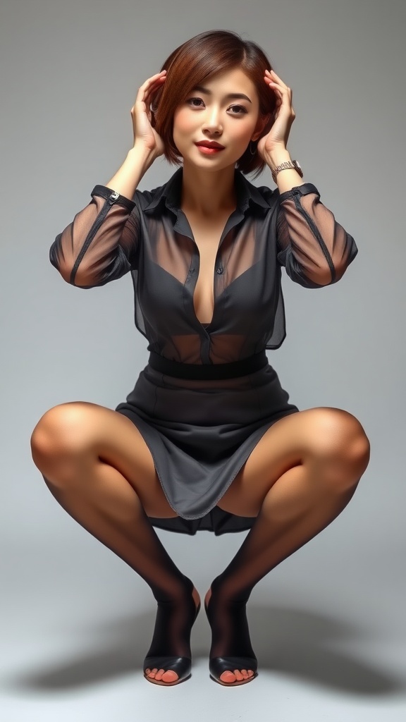 A stylish young woman squatting, wearing a sheer black blouse and skirt, with short hair.